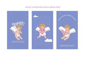 conjunto de mano dibujado social medios de comunicación plantillas con linda cupidos con diferente poses y facial emociones para San Valentín día promoción en un conjunto para bandera, alimentar, fondo, tarjeta, y anuncios vector