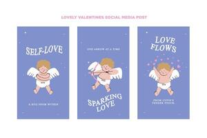 Set of hand drawn social media templates with cute cupids with different poses and facial emotions for Valentine's Day promotion in a set for banner, feed, background, card, and ads vector