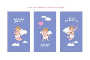 Set of hand drawn social media templates with cute cupids with different poses and facial emotions for Valentine's Day promotion in a set for banner, feed, background, card, and ads vector