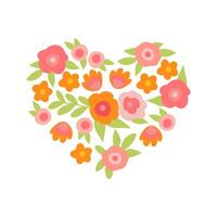 Flower arrangement with green leaves in heart shape. Love symbol and gift for Valentine's day. Floral vector illustration isolated on white background. Cartoon element for packaging, designs