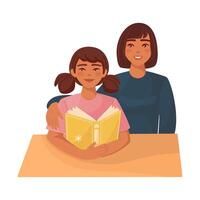 Bright cartoon illustration of young tanned girl pupil studying with mother and reading book. Graphic print concept of knowledge and education. Vector colorful school and science element