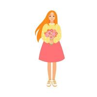 Beautiful young woman holding flower bouquet with roses and peonies. Receiving gift as symbol of love and self love. Valentine's day cartoon vector illustration of happy girl