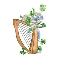 Harp and spring flowers watercolor illustration isolated on white. Painted green clover, musical instrument and labrador tea. Irish lucky symbol hand drawn. Design for St.Patricks day,Easter postcard. vector