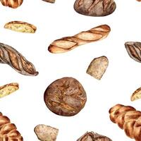 Different type of baguette and rye bread watercolor seamless pattern isolated on white. Hand drawn loaf. Painted challah. Illustration of bread. Element for design bakery, package, paper wrapping vector