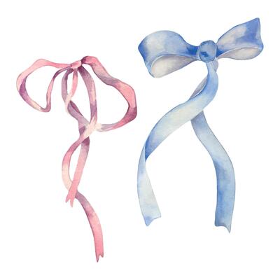 Watercolor set of pink and blue bow illustration isolated on white background. Vintage ribbon hand drawn. Painted satin gift bow with ribbon. Elements for design floral compositions, Easter card