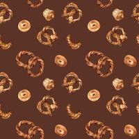 Various types of baked goods watercolor seamless pattern isolated on dark. Hand drawn simit, pretzel for bakery. Painted brioche, bagel. Illustration of croissant, bread. Design for bakery, package vector