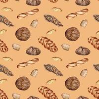 Different type of baguette and rye bread watercolor seamless pattern isolated on beige. Hand drawn loaf. Painted challah. Illustration of bread. Element for design bakery, package, paper wrapping vector