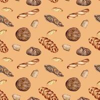 Different type of baguette and rye bread watercolor seamless pattern isolated on beige. Hand drawn loaf. Painted challah. Illustration of bread. Element for design bakery, package, paper wrapping vector