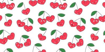 Seamless pattern of cherries in the shape of a heart with different faces and emotions. Print with abstract couples in love for Valentine's Day. Vector graphics.