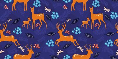 Seamless pattern with deer in the forest. Natural print with plants, flowers and wild animals.Vector graphics. vector