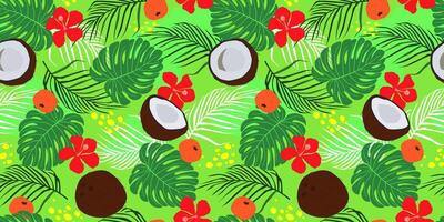 sin costura modelo con cocos, tropical frutas en un antecedentes de palma hojas, monstruo, flores verano brillante exótico impresión. vector gráficos.