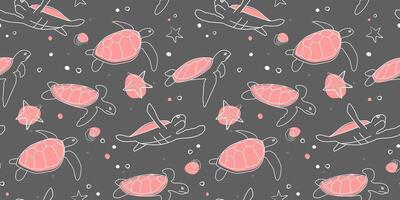 Seamless pattern with waterfowl turtles in under the sea. Abstract linear print with amphibians. Vector graphics.