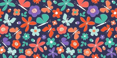 Seamless pattern with abstract flowers, butterflies, leaves. Summer natural simple print. Vector graphics.