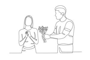 A man gives flowers to his girlfriend vector