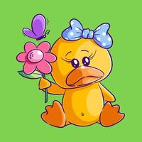 Cute duck sitting and carrying flowers vector