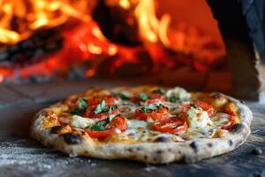 ai generado delicioso Fresco italiano Pizza mentiras cerca el horno, horneado en un Madera quemandose horno foto