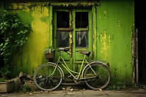 ai generado un elegante verde bicicleta soportes cerca un antiguo verde casa foto