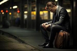 AI generated A bored sad man in a formal suit on a dark background photo