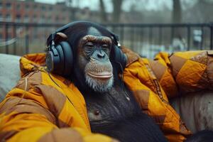 ai generado un chimpancé mono con musical auriculares es sentado en un Sillón foto