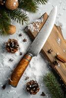 ai generado uno elegante Damasco acero cocina cuchillo en un de madera tablero foto