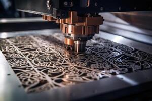 ai generado láser corte de metal en cnc máquinas, moderno industrial tecnología para fabricación industrial partes. moderno metalurgia foto