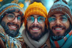 AI generated A reusable young group of happy people takes a selfie photo on a camera outside