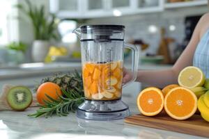 ai generado un cocido Fruta zalamero en el cocina mesa, haciendo un Fruta cóctel en el cocina foto