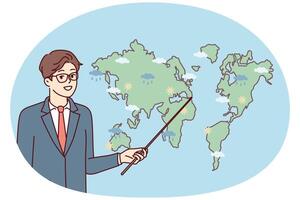 Male weather forecaster showing precipitation prediction map in different parts world. Vector image