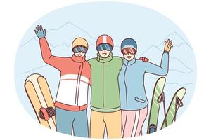 Company of friends at ski resort waving their hands posing on winter vacation. Vector image