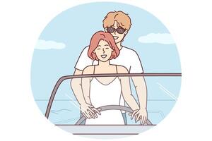 romántico hombre y mujer a mismo hora controlar barco participación timón disfrutando verano vacaciones. vector imagen