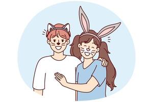 Boy and girl with animal ears and painted mustaches on faces for school masquerade. Vector image