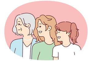 Women of different ages look in same direction with smile for feminism concept. Vector image