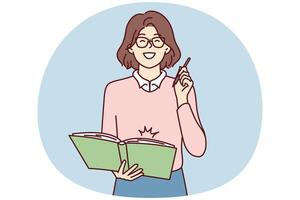 Happy woman in glasses holding large notepad in hands and making note or plan for day. Vector image