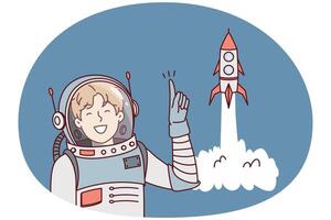 Man in astronaut clothes points finger up standing near spaceship taking off. Vector image