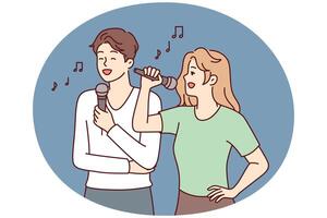 Man and woman with microphones perform song while enjoying karaoke break on day off. Vector image