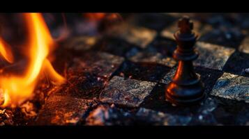 AI generated stylish black chess stands on a chessboard and a fire is burning around. Gloomy environment photo