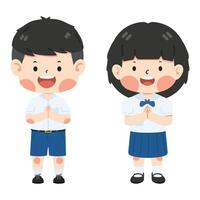 Cute student greeting sawasdee set vector