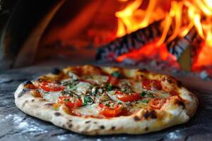 AI generated Delicious fresh Italian pizza lies near the oven, baked in a wood-burning oven photo