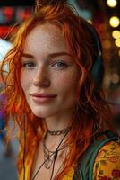 AI generated Portrait of a young red-haired woman against the background of a rainy street. Long curly red hair photo