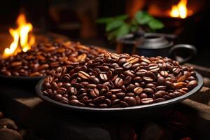 AI generated Roasted coffee beans close-up in dishes . Colombian coffee photo