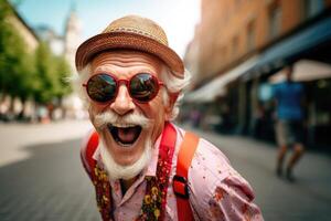 ai generado retrato de un alegre contento mayor hombre con lentes en un calle antecedentes foto