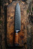 AI generated One Stylish Damascus steel kitchen knife on a wooden board photo