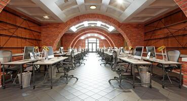 Interior of a modern office with brick walls photo