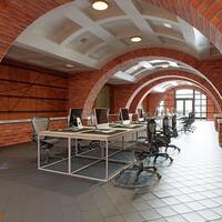 Interior of a modern office with brick walls photo