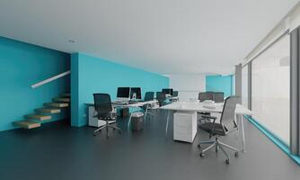 Interior of modern office with blue walls, concrete floor photo