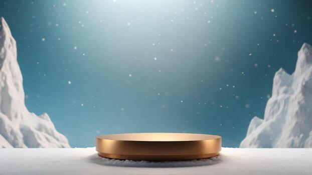 ai generado dorado podio en nieve con copo de nieve iceberg antecedentes. 3d hacer foto