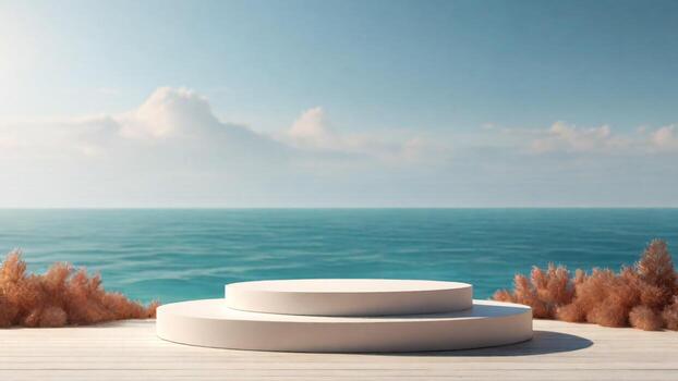 ai generado 3d hacer de blanco podio en el madera con mar y cielo antecedentes foto
