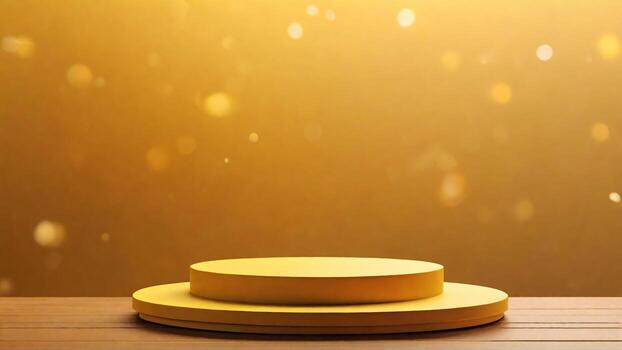 ai generado amarillo podio en de madera mesa con dorado bokeh antecedentes. 3d hacer foto