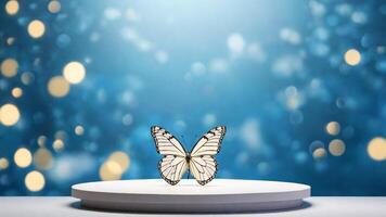 AI generated Butterfly on white podium with bokeh background. 3d render photo