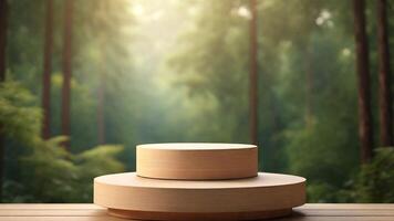 AI generated Wooden podium on wooden table in green forest. 3d render photo